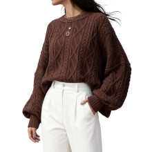 (M, Dark Brown) Suéter trenzado suelto para mujer, cuello redondo, manga larga, ropa informal de otoño e invierno.