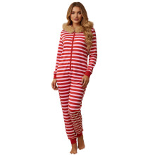(L, Red) Tuta intera da donna a righe con cappuccio, pigiama alla moda a maniche lunghe, vestibilità aderente, morbido.