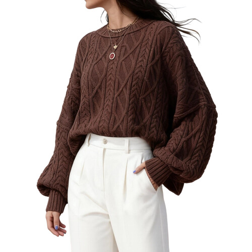(L, Dark Brown) Γυναικείο πλεκτό πουλόβερ το φθινόπωρο.