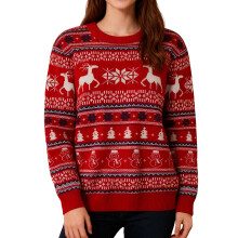 (M, Red) Suéter navideño de manga larga con cuello redondo y diseño de ciervo para mujer, suéter de invierno