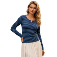 (M, Navy Blue) Chemisier d'automne pour femme, col en V, manches longues, uni ou rayé, coupe ajustée