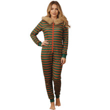 (S, Army Green) Tuta intera da donna a righe con cappuccio, pigiama alla moda a maniche lunghe, vestibilità aderente, morbido.