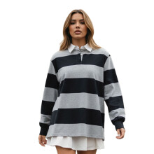 (S, Navy Blue) Chemises rayées à manches longues pour femmes, décontractées, amples, col boutonné, tendance automne streetwear