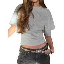 (L, Gray) T-shirts à manches courtes pour femmes, couleur unie, col rond, hauts décontractés d'été, streetwear