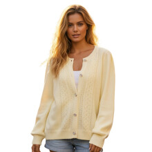 (L, White) Top de punto para mujer, cárdigan largo de manga larga con cuello redondo y color liso, ideal para otoño.