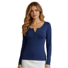 (M, Dark Blue) Chemisier d'automne pour femme, col en V, manches longues, uni ou rayé, coupe ajustée
