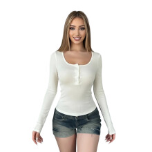 (M, White) Chemises d'automne pour femmes, manches longues, col carré, ajustées et boutonnées.