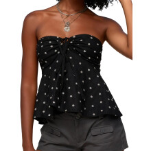 (M, Black) Débardeur bustier sans bretelles à nouer, dos nu, imprimé à pois, idéal pour les soirées d'été.