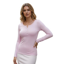 (M, Pink) Chemisier d'automne pour femme, col en V, manches longues, uni ou rayé, coupe ajustée