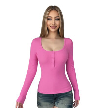 (XL, Rose Red) Chemises d'automne pour femmes, manches longues, col carré, ajustées et boutonnées.