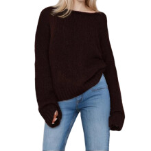 (L, Chocolate Color) Suéter holgado con hombros descubiertos para mujer, elegante, manga larga, cuello barco, sin espalda.
