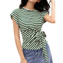 (M, Dark Green) Hauts rayés pour femmes, manches courtes, col rond, nœud sur le côté, taille cintrée