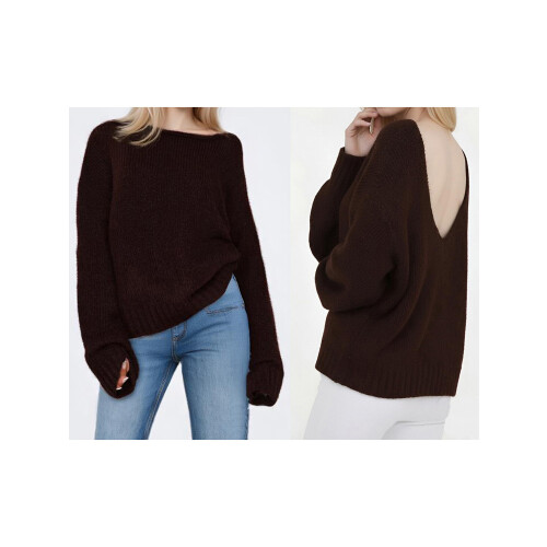 (L, Chocolate Color) Γυναικείο Πουλόβερ Εκτός Λαιμό, Μακρυμάνικο 1