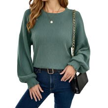 (L, Green) Suéter de punto acanalado para mujer, moderno, informal, de color liso, con cuello redondo y manga larga, para otoño