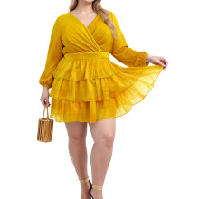 (XXL, Yellow) Robe d'automne grande taille femme, élégante à sequins, volants, col V, manches longues, mini-robe.