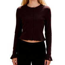 (L, Brown) Chemisier femme manches longues, décontracté et élégant, col rond, cardigan unie printemps/automne