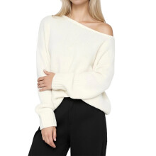 (S, White) Suéter holgado con hombros descubiertos para mujer, elegante, manga larga, cuello barco, sin espalda.
