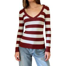 (S, Red) Jersey de punto de manga larga con cuello en V y rayas para mujer, ideal para otoño e invierno.