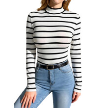 (XL, White) Chemisier à manches longues rayé à col montant et coupe ajustée pour femme, idéal au quotidien.