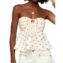(XL, White) Débardeur bustier sans bretelles à nouer, dos nu, imprimé à pois, idéal pour les soirées d'été.