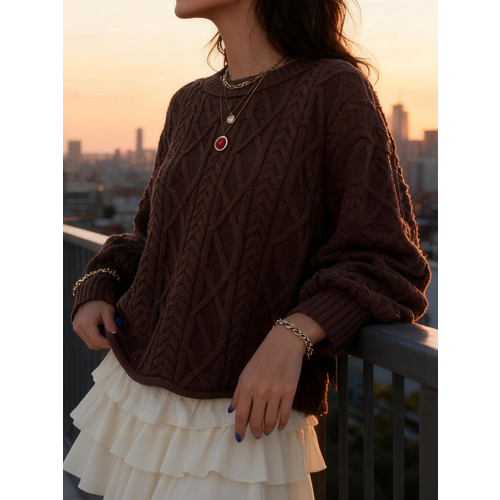 (M, Dark Brown) Γυναικείο πλεκτό πουλόβερ το φθινόπωρο. 1