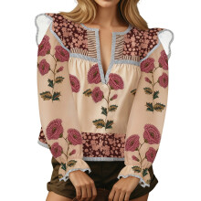 (M, Pink) Bluze florale de toamnă pentru femei, la modă, casual, cu mânecă lungă, decolteu adânc în V, croială lejeră