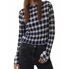 (M, Dark Blue) T-shirt court à carreaux pour femme, printemps-été, manches longues, col bateau, coupe ajustée et froncée