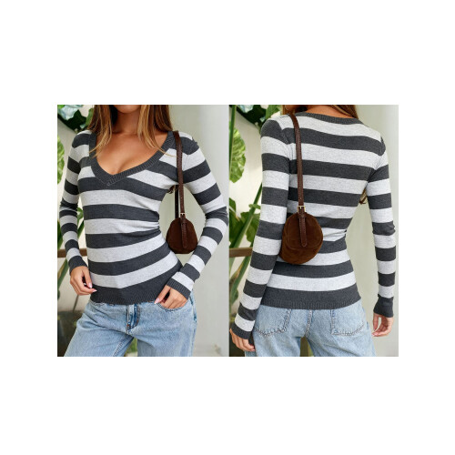 (XL, Dark Grey) Γυναικείο Πλεκτό Πουλόβερ Ριγέ Μπλούζα 2