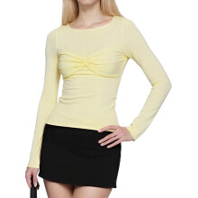 (L, Light Yellow) Chemisier slim printemps-été pour femme, manches longues, couleur unie, col rond, nœud torsadé