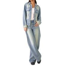 (M, Blue) Ensembles décontractés 2 pièces pour femmes : veste en jean boutonnée à manches longues et pantalon large.