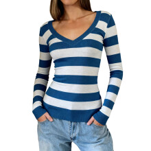 (XL, Blue) Jersey de punto de manga larga con cuello en V y rayas para mujer, ideal para otoño e invierno.