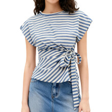 (L, Blue) Hauts rayés pour femmes, manches courtes, col rond, nœud sur le côté, taille cintrée