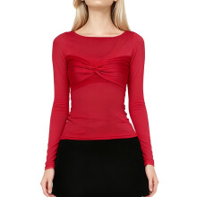 (S, Red) Chemisier slim printemps-été pour femme, manches longues, couleur unie, col rond, nœud torsadé