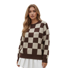 (M, Dark Brown) Suéter holgado de otoño e invierno para mujer, informal, con cuadros y cuello redondo.