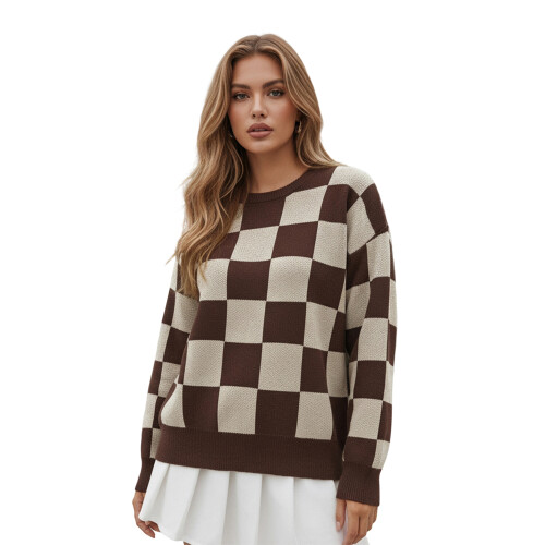 (M, Dark Brown) Γυναικείο Πουλόβερ Φθινοπώρου-Χειμώνα, Μακρύ Μανίκι。