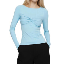 (S, Sky Blue) Chemisier slim printemps-été pour femme, manches longues, couleur unie, col rond, nœud torsadé