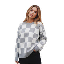 (S, Gray) Suéter holgado de otoño e invierno para mujer, informal, con cuadros y cuello redondo.