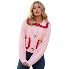 (S, Pink) Suéter navideño para mujer, cárdigan de manga larga con cuello de muñeca y botones de Papá Noel