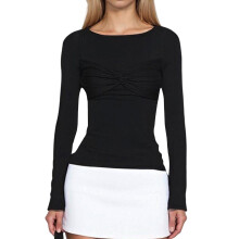 (M, Black) Chemisier slim printemps-été pour femme, manches longues, couleur unie, col rond, nœud torsadé