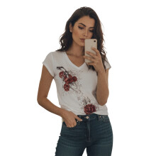 (S, White) T-shirt d'été pour femme, coupe ajustée décontractée, imprimé floral élégant, col rond, manches courtes