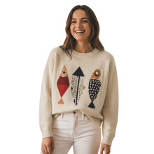 (M, Beige) Suéter holgado y ligero para mujer, con estampado abstracto de peces, manga larga y cuello redondo, de punto
