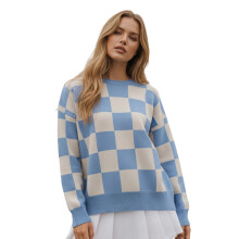 (L, Blue) Suéter holgado de otoño e invierno para mujer, informal, con cuadros y cuello redondo.