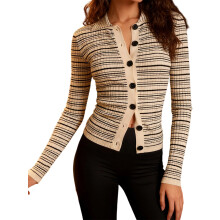 (S, Beige) Camisa de punto con botones para mujer, informal, ajustada, elegante, a rayas, cuello vuelto, manga larga, para otoño