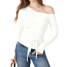 (L, White) Chemisier d'automne pour femme, col bateau, manches longues, couleur unie, coupe ajustée, épaule dénudée