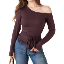 (M, Chocolate) Chemisier d'automne pour femme, col bateau, manches longues, couleur unie, coupe ajustée, épaule dénudée