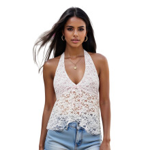 (M, Pink) Women's Summer Halter Tank Tops Sheer Lace Sleeveless Backless Cropped Vest for Party