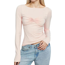 (S, Pink) Chemisier slim printemps-été pour femme, manches longues, couleur unie, col rond, nœud torsadé