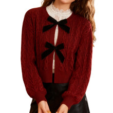 (XL, Burgundy) Cárdigan trenzado con lazo para mujer, suéter moderno de manga larga, ropa casual de invierno y otoño.