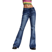 (S, Dark Blue) Pantalon en jean évasé pour femme, coupe tendance, couleur unie, taille basse, avec poches.