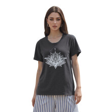 (M, Dark Grey) T-shirt d'été pour femme, coupe ample et décontractée, imprimé lotus élégant, col rond, manches courtes